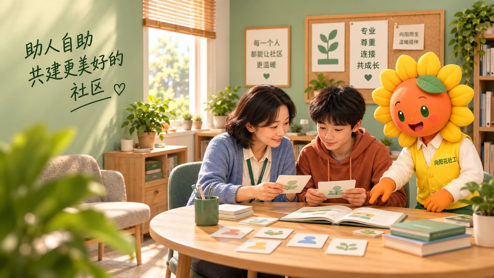 小向和社会工作者入户探访，与居民平等交流