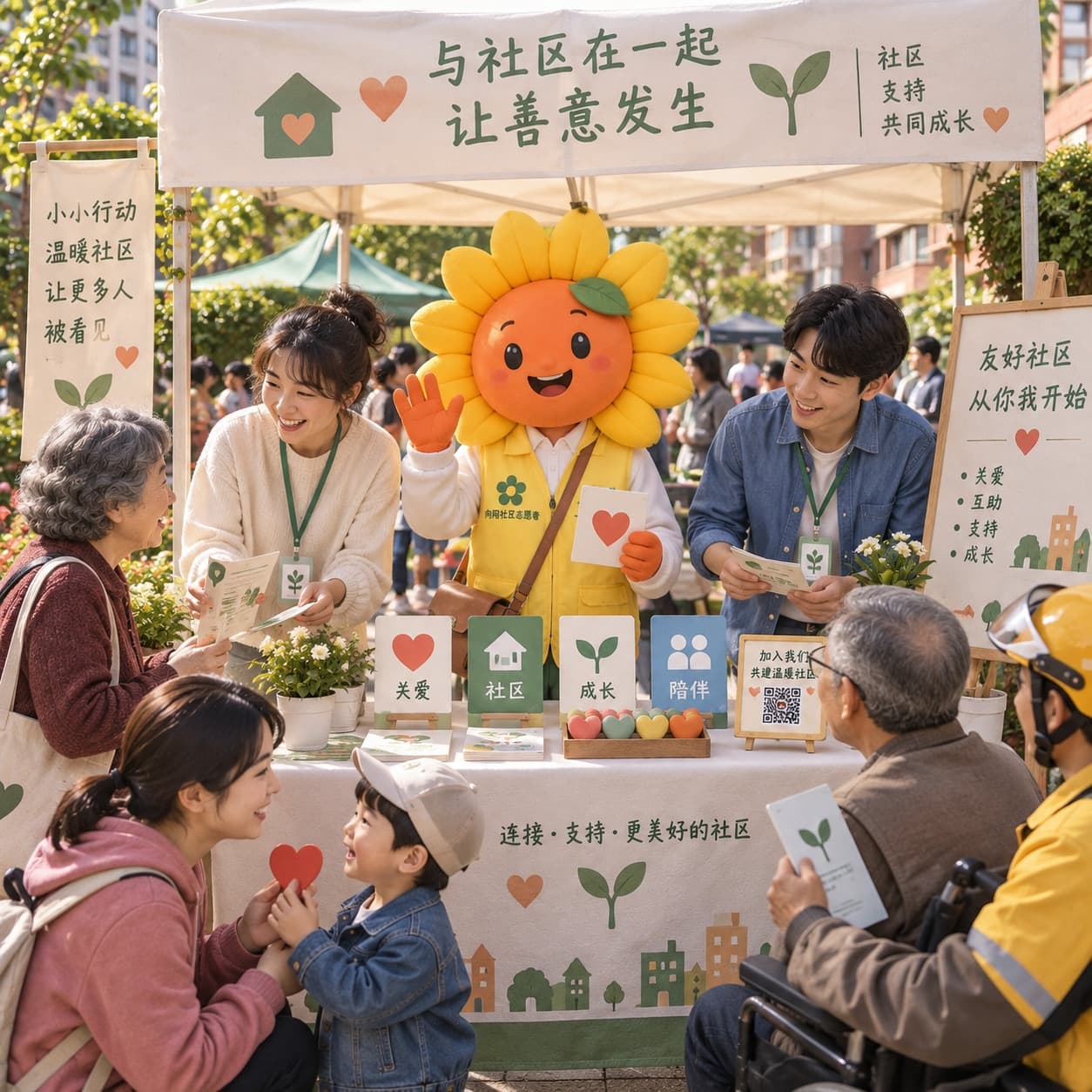 小向和社会工作者在中国市场设置公益宣传摊位