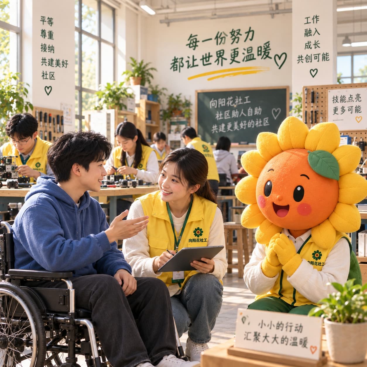 小向和社会工作者在无障碍工厂倾听残疾员工意见