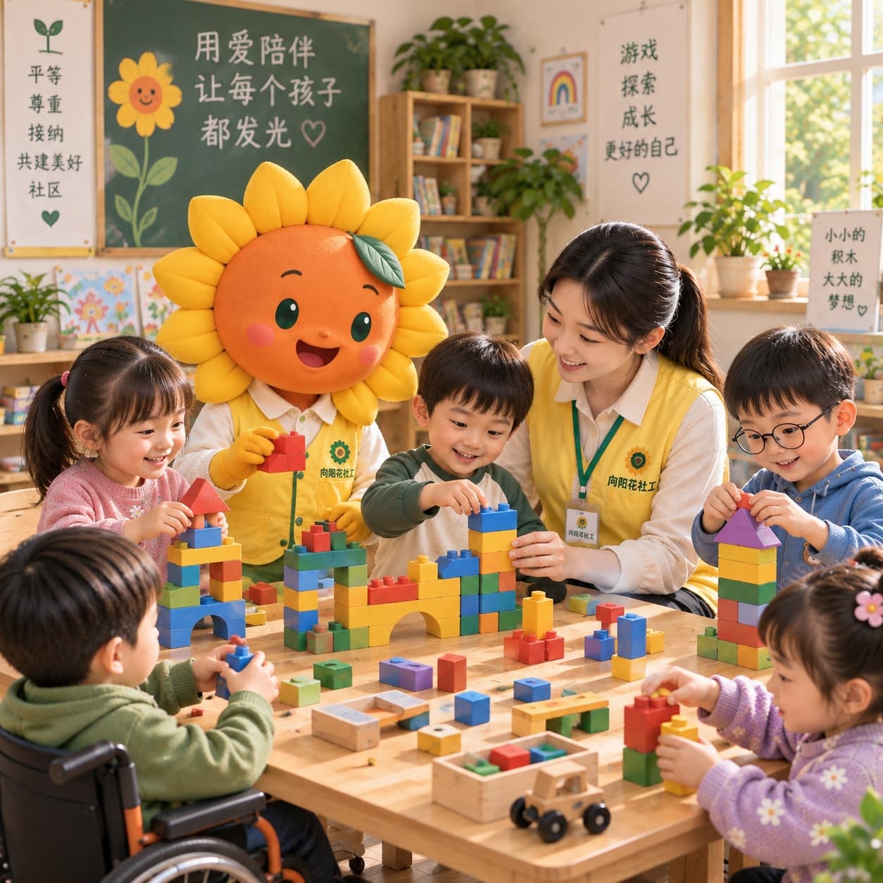 小向和社会工作者陪伴中国儿童参加积木课