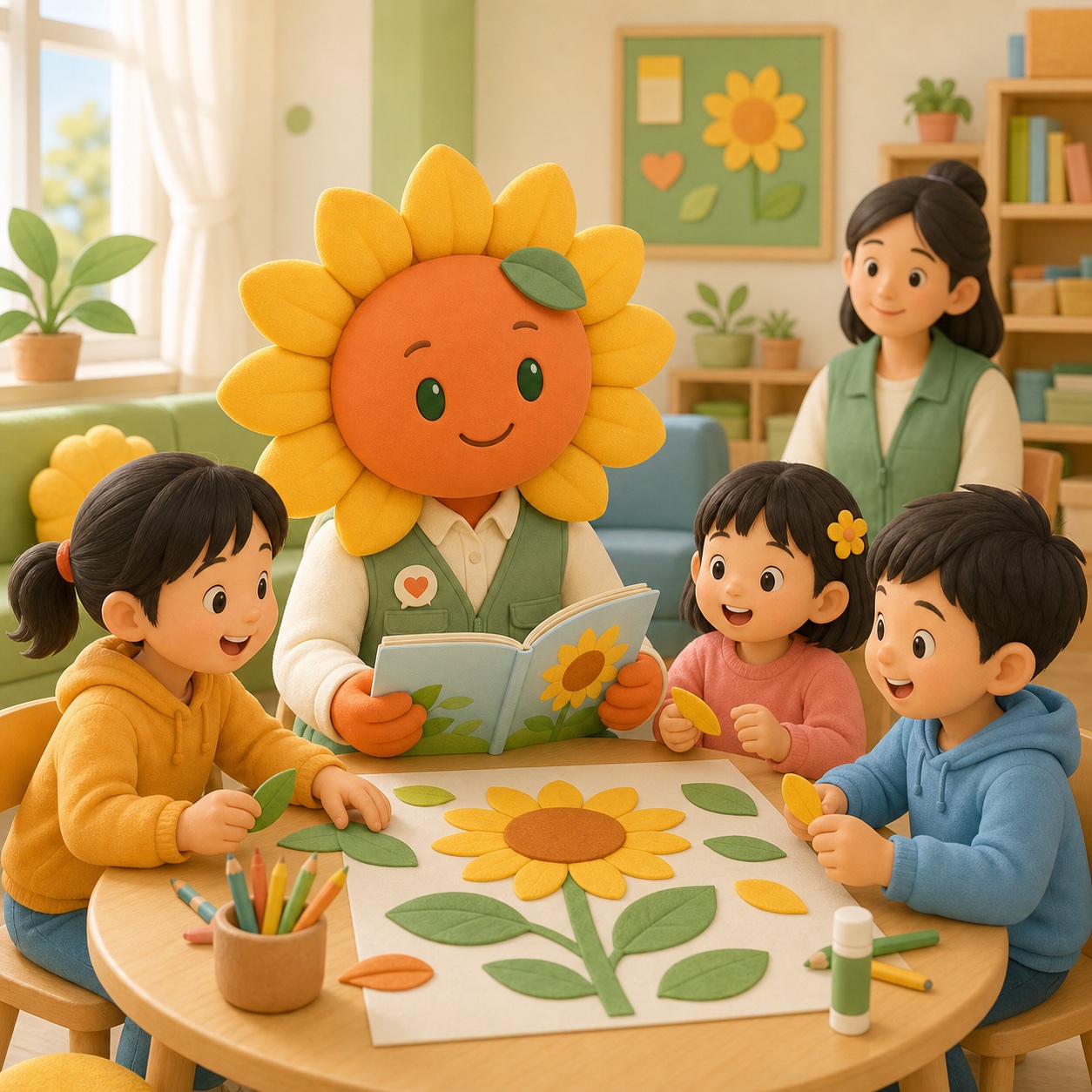 小向与中国儿童阅读绘本并共同制作向日葵拼贴